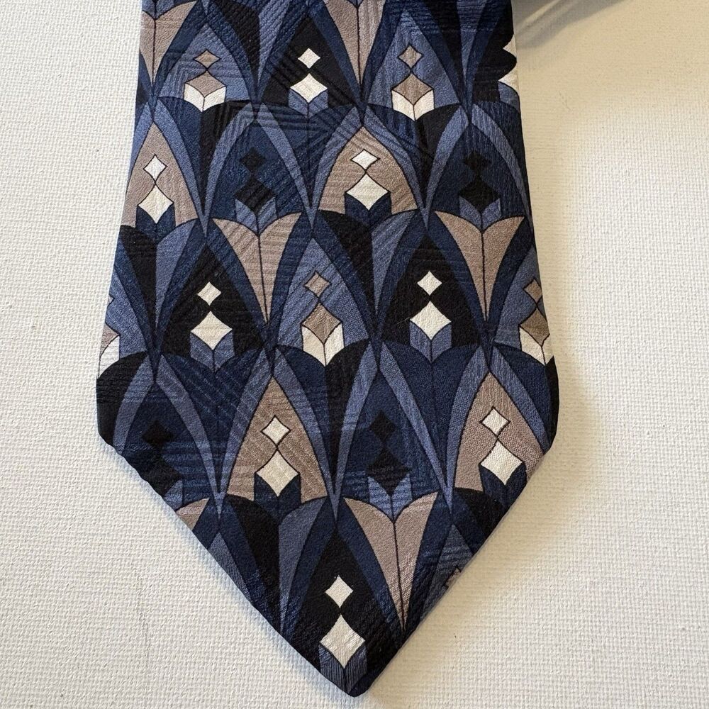 Erreuno Milano Silk Neck Tie Blue Black Tan Geometric Pattern Classic Office